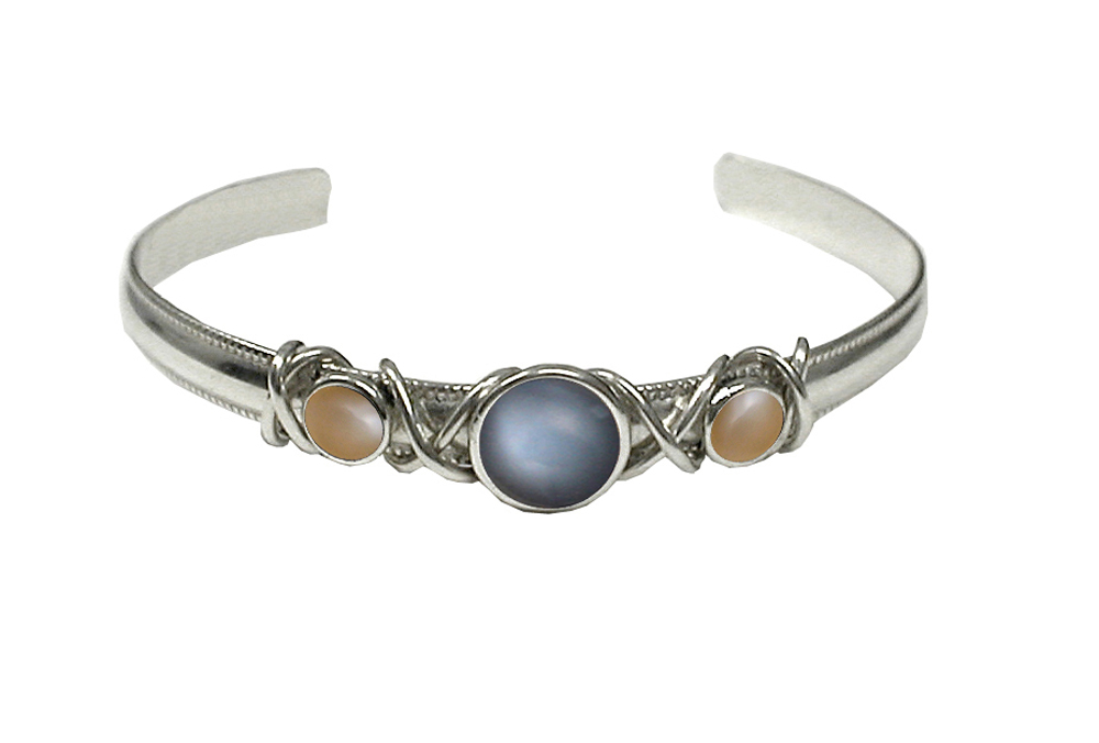 Sterling Silver Hand Made Cuff Bracelet With Grey Moonstone And Peach Moonstone